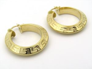 18K gold Versace style Greek Key pattern hoop earrings.