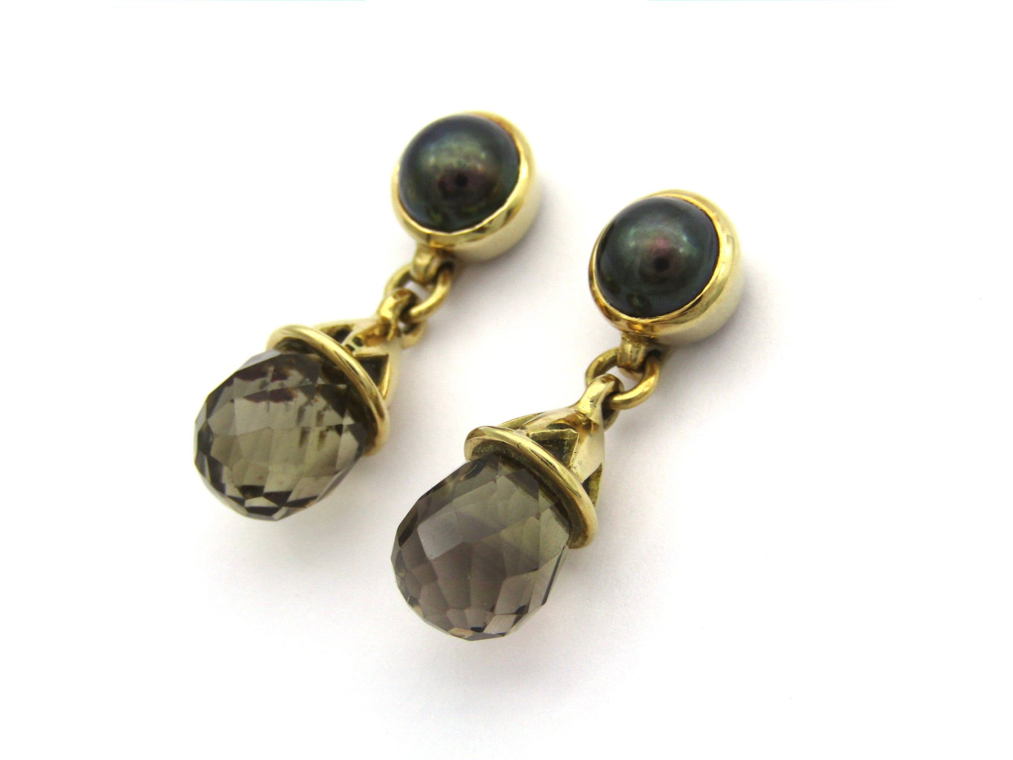 18K gold smoky quartz and pearl dangle earrings.