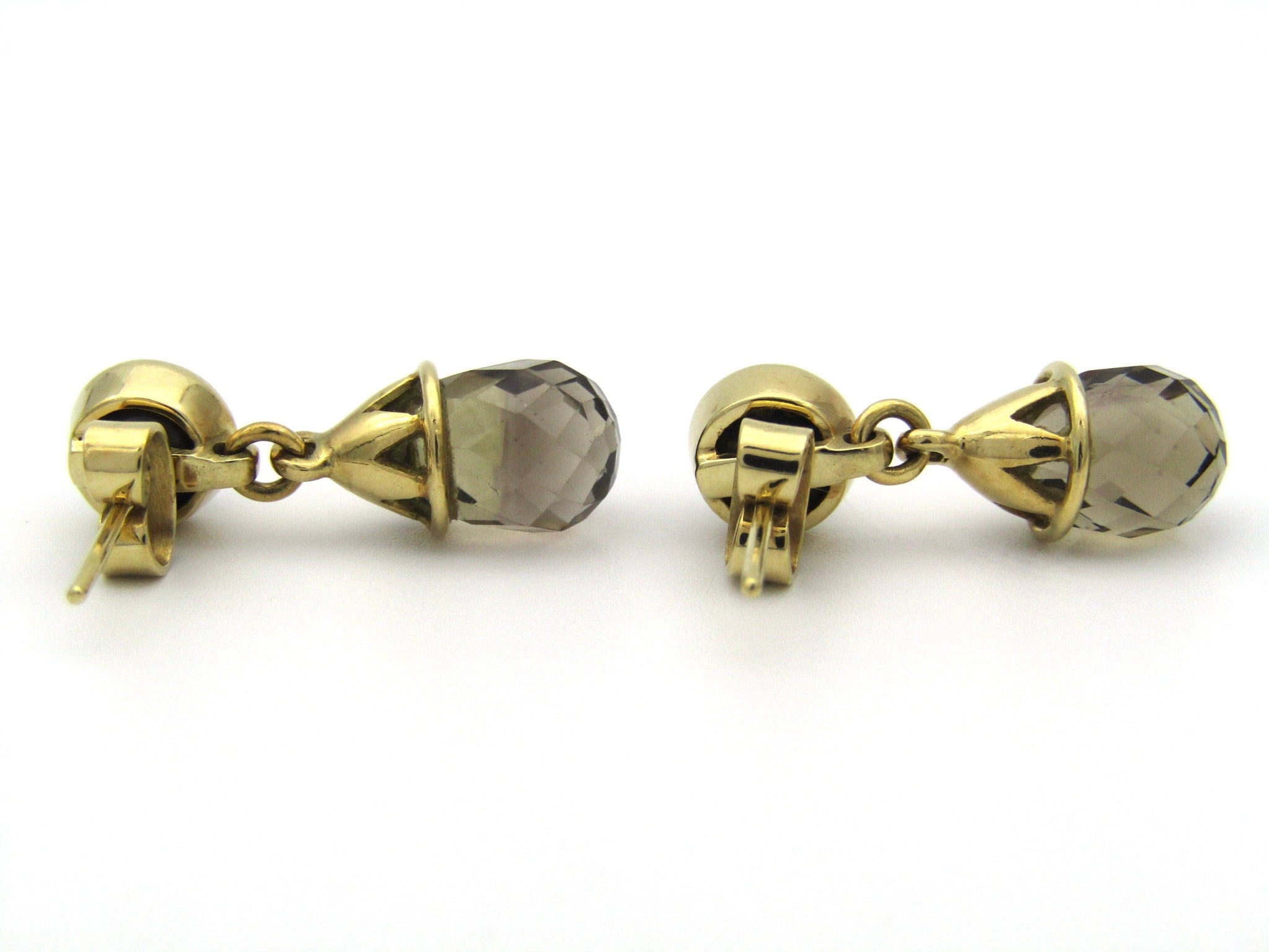 18K gold smoky quartz and pearl dangle earrings.