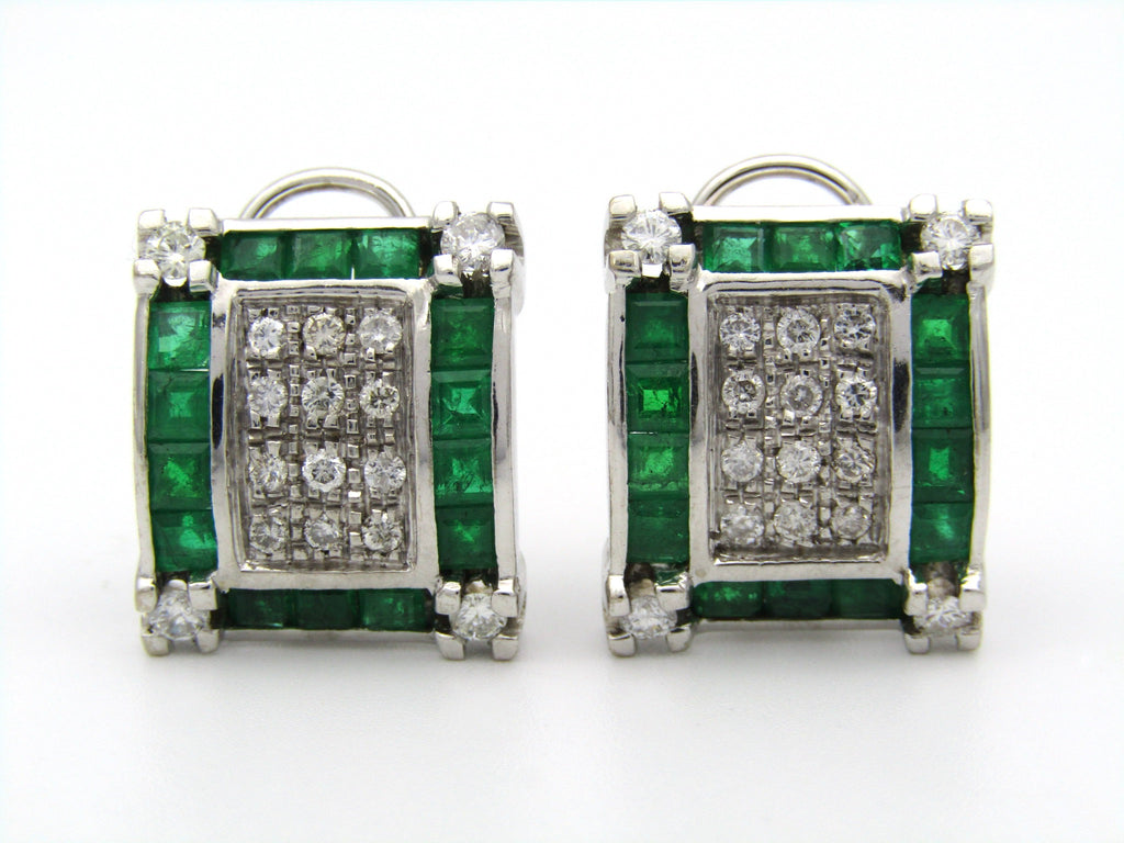 9K gold Art Deco style emerald and diamond earrings.
