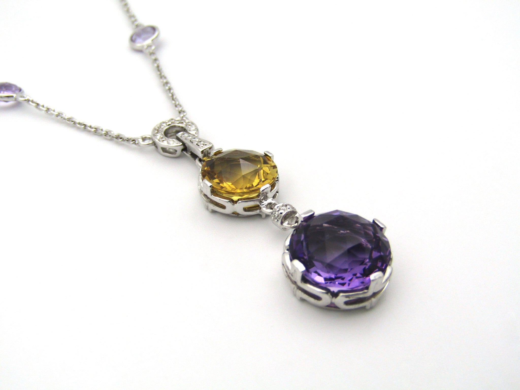 18K gold amethyst, citrine, and diamond necklace.