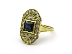 14K gold Art Deco style sapphire and diamond ring.
