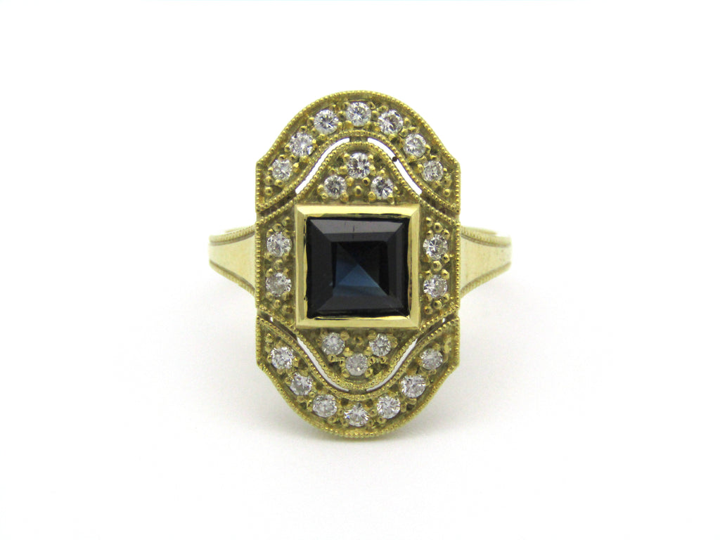 14K gold Art Deco style sapphire and diamond ring.