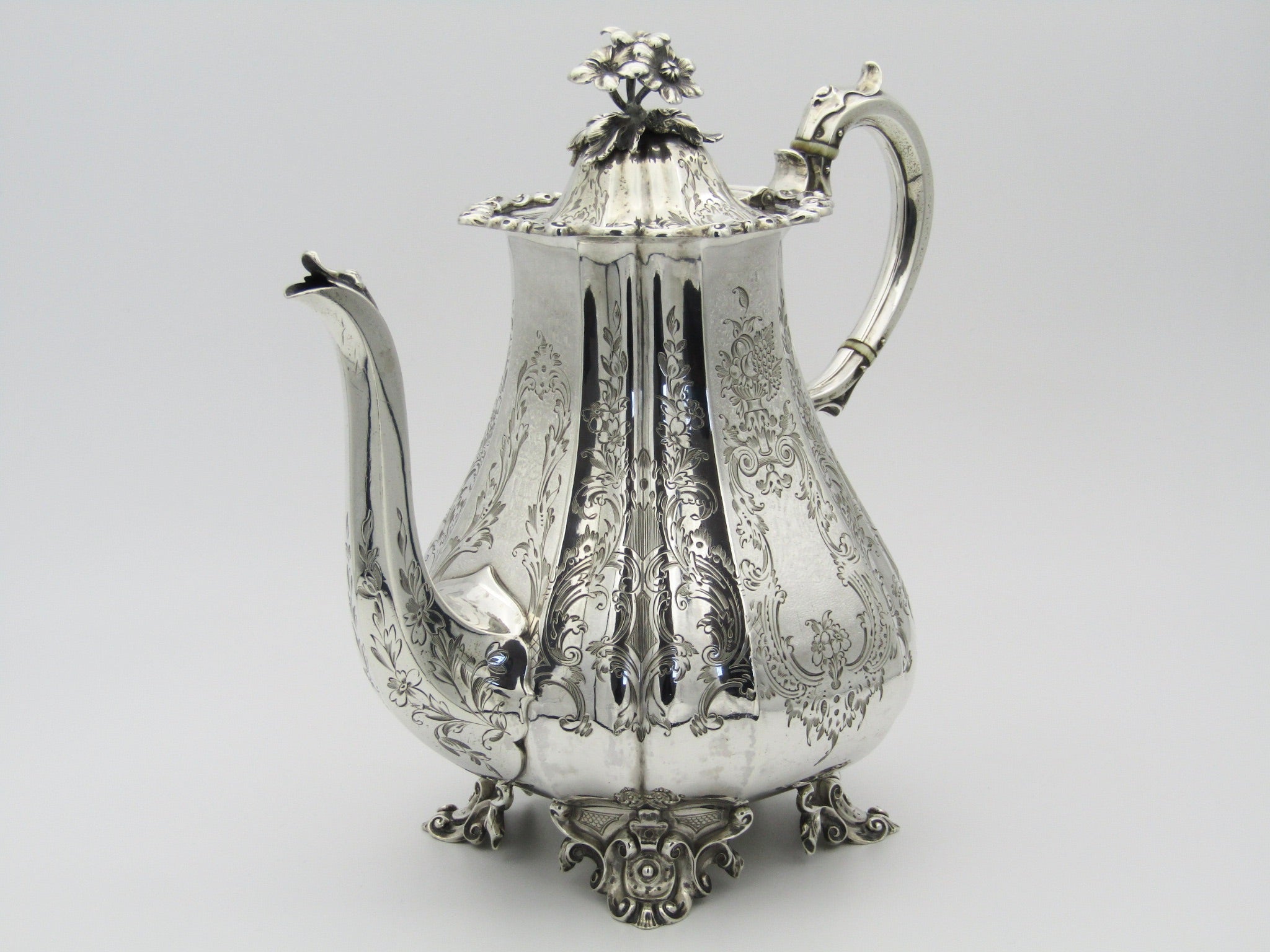 Victorian sterling silver Provincial coffee pot by John Walton, Newcastle, 1852.